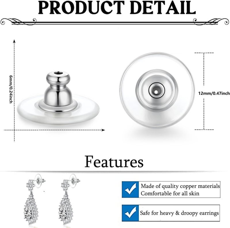 Moconar 12mm Earring Backs Replacement, Transparency Bullet Shape Locking Earring Backs for Heavy/Droopy Ears, Earrings Lifters Backers for Studs, White Gold Color - Image 3